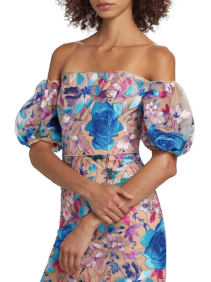 Nira Floral Embroidered Off-the-Shoulder Midi-Dress