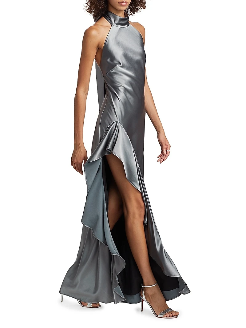 Satin Halter Draped Maxi Dress