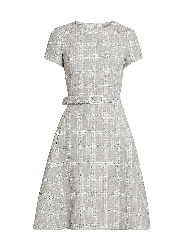 Tweed Short-Sleeve A-Line Midi-Dress