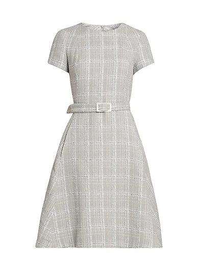 Tweed Short-Sleeve A-Line Midi-Dress