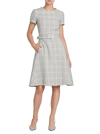 Tweed Short-Sleeve A-Line Midi-Dress