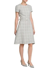 Tweed Short-Sleeve A-Line Midi-Dress