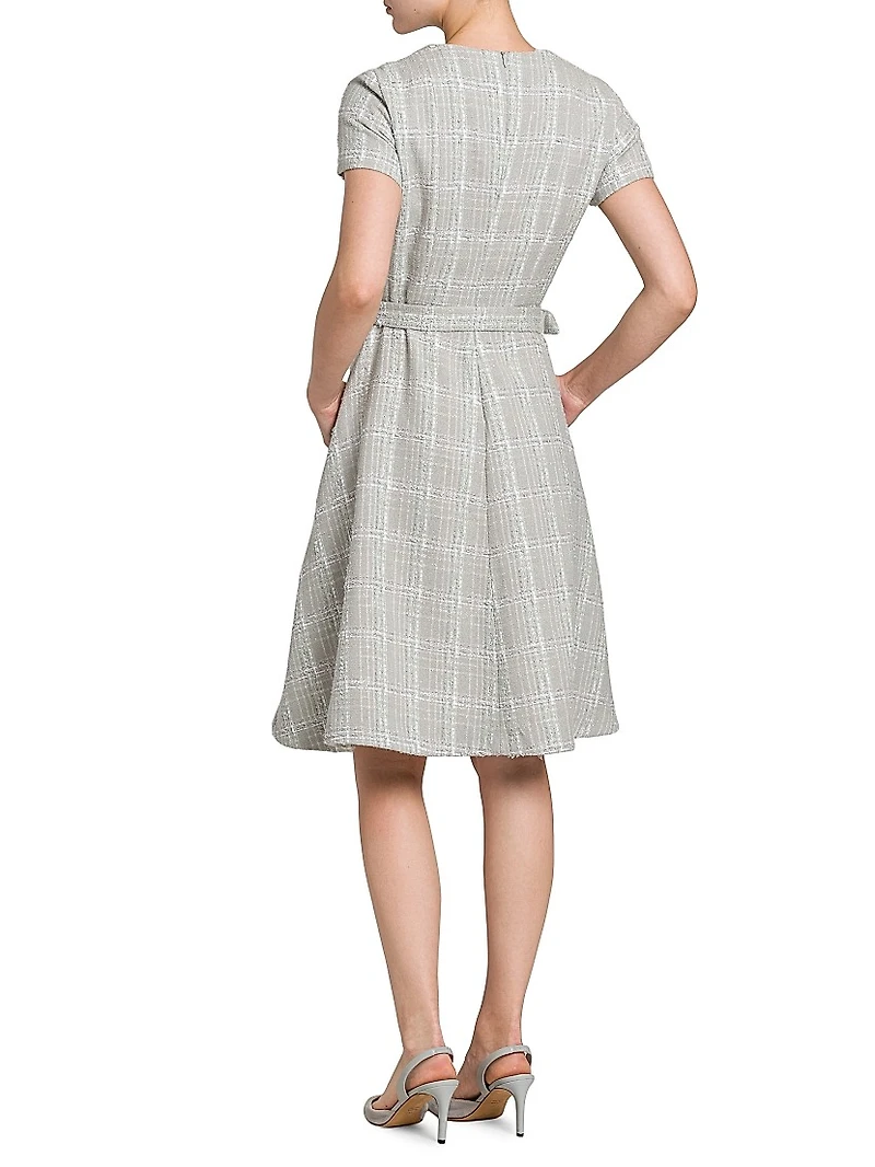 Tweed Short-Sleeve A-Line Midi-Dress