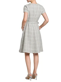 Tweed Short-Sleeve A-Line Midi-Dress