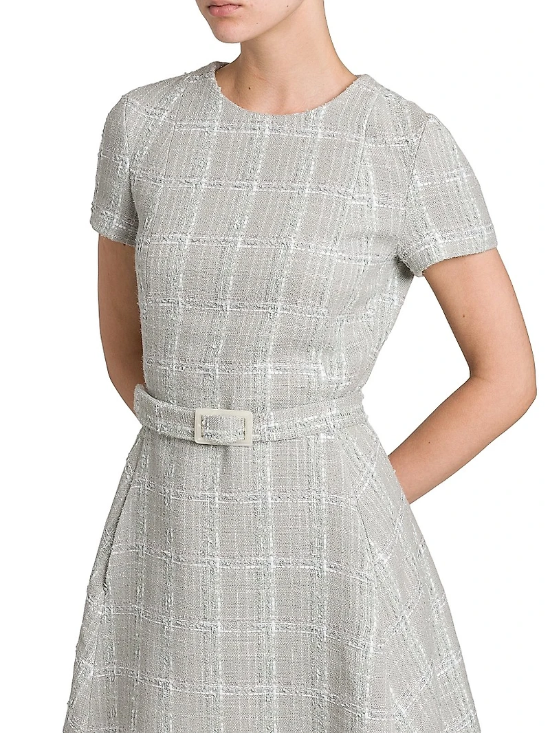Tweed Short-Sleeve A-Line Midi-Dress