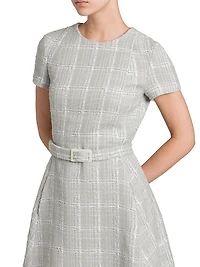 Tweed Short-Sleeve A-Line Midi-Dress
