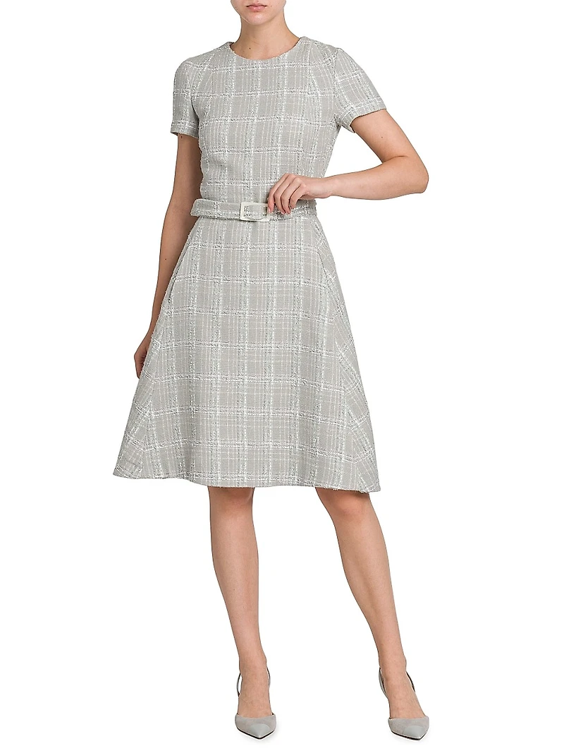 Tweed Short-Sleeve A-Line Midi-Dress