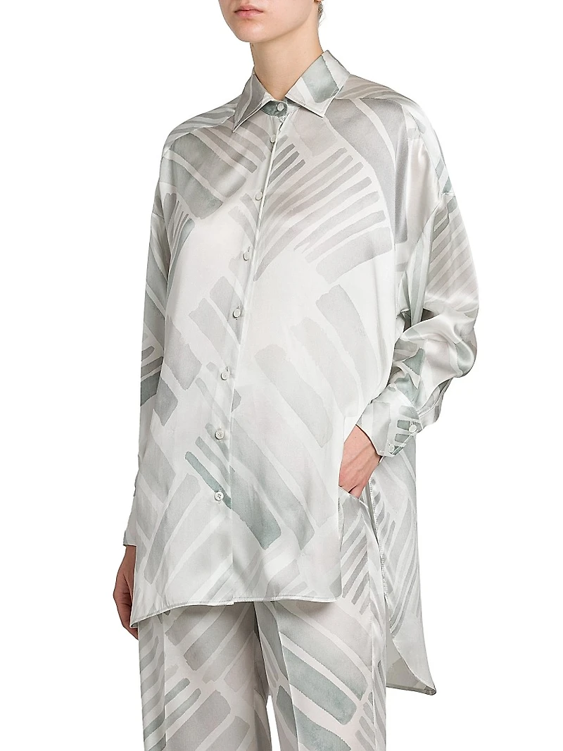 Abstract Silk Oversized Long-Sleeve Shirt