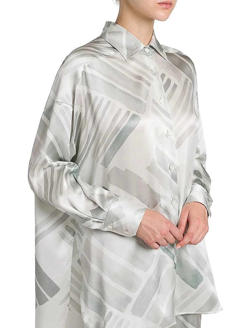 Abstract Silk Oversized Long-Sleeve Shirt
