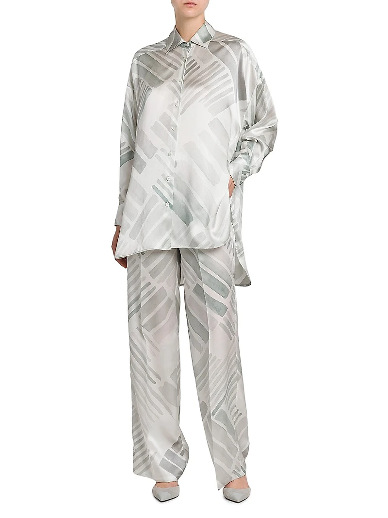 Abstract Silk Oversized Long-Sleeve Shirt
