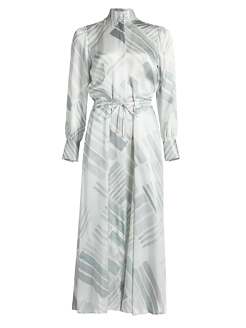 Abstract Silk Long-Sleeve Maxi Dress