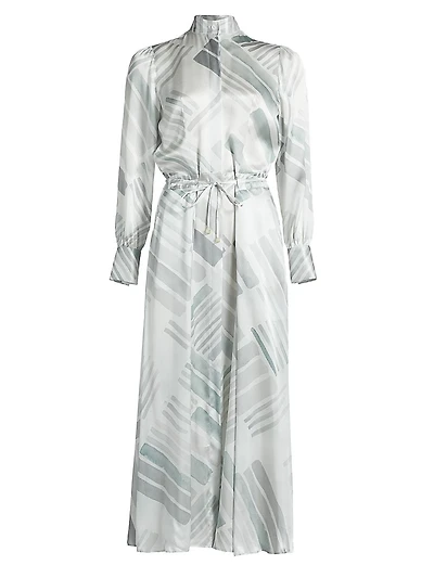 Abstract Silk Long-Sleeve Maxi Dress