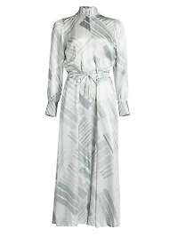 Abstract Silk Long-Sleeve Maxi Dress