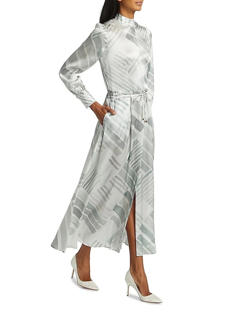 Abstract Silk Long-Sleeve Maxi Dress