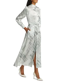 Abstract Silk Long-Sleeve Maxi Dress