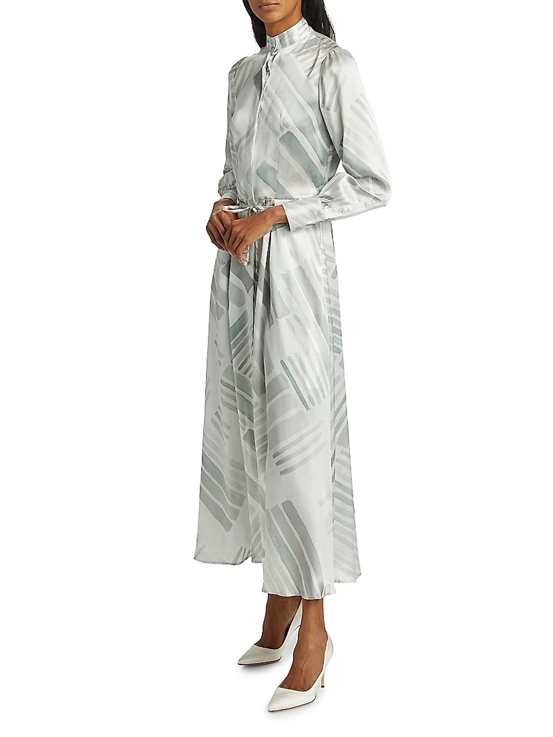 Abstract Silk Long-Sleeve Maxi Dress
