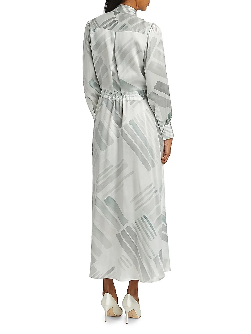 Abstract Silk Long-Sleeve Maxi Dress