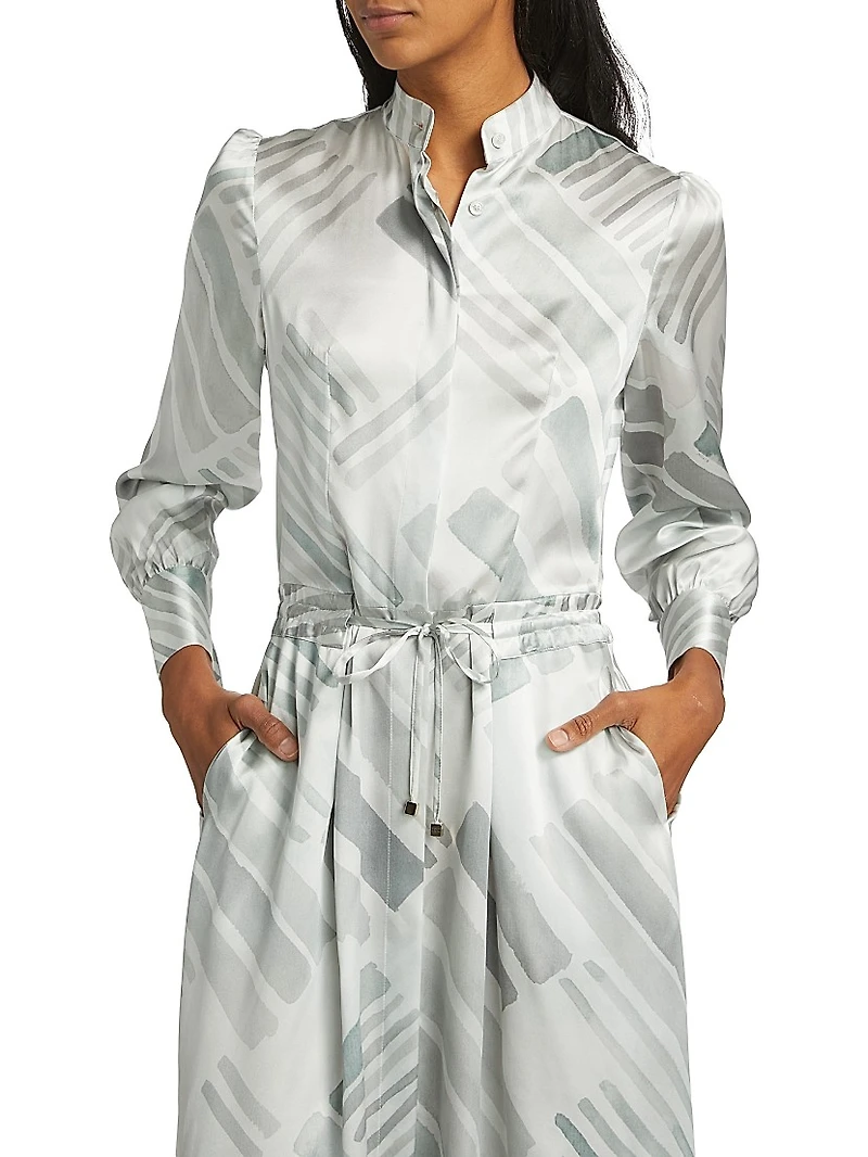 Abstract Silk Long-Sleeve Maxi Dress