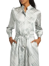 Abstract Silk Long-Sleeve Maxi Dress