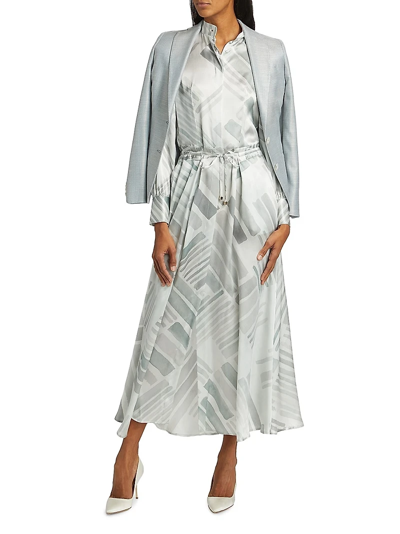 Abstract Silk Long-Sleeve Maxi Dress