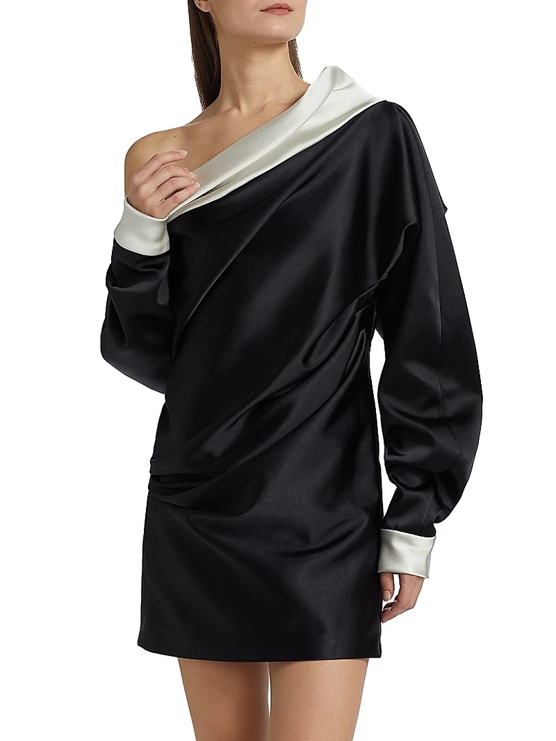 Satin Trimmed One-Shoulder Minidress