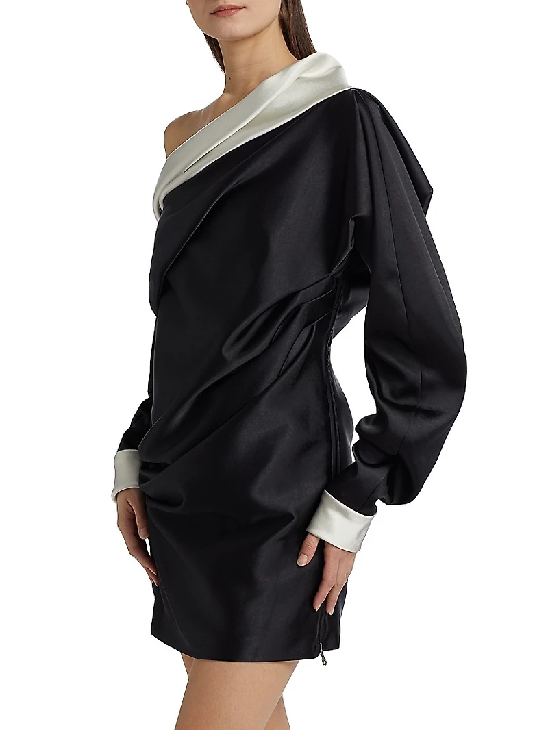 Satin Trimmed One-Shoulder Minidress