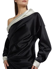 Satin Trimmed One-Shoulder Minidress