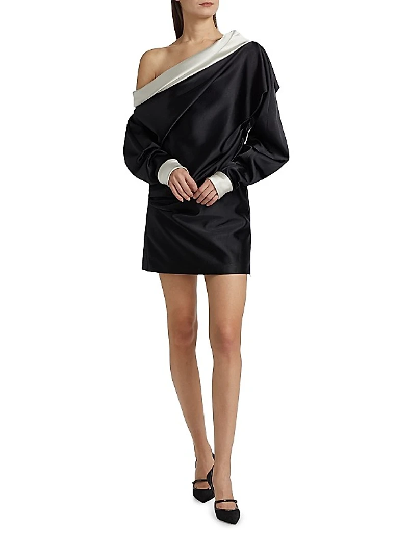 Satin Trimmed One-Shoulder Minidress