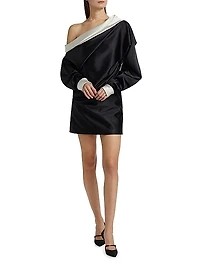 Satin Trimmed One-Shoulder Minidress