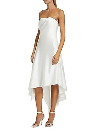 Asymmetric Satin Strapless Midi-Dress