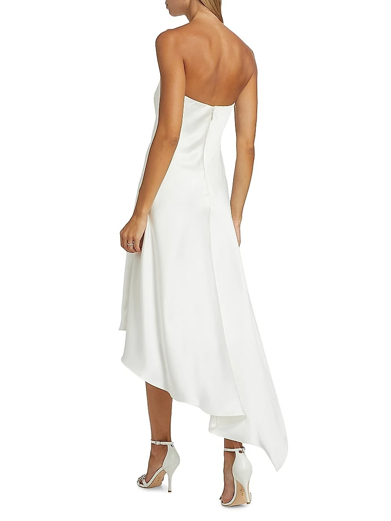 Asymmetric Satin Strapless Midi-Dress