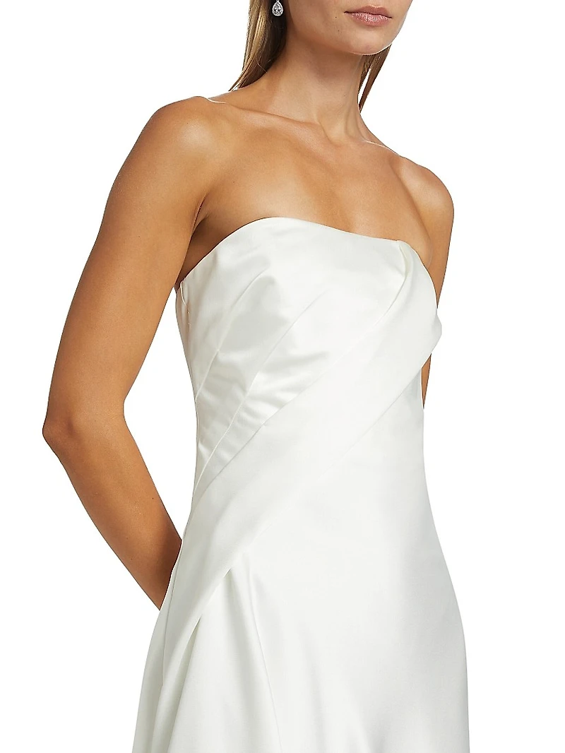 Asymmetric Satin Strapless Midi-Dress