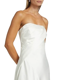 Asymmetric Satin Strapless Midi-Dress