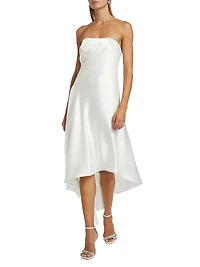 Asymmetric Satin Strapless Midi-Dress