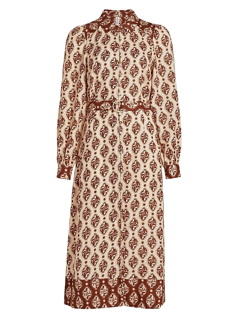 Melody Geometric Linen Belted Midi-Dress
