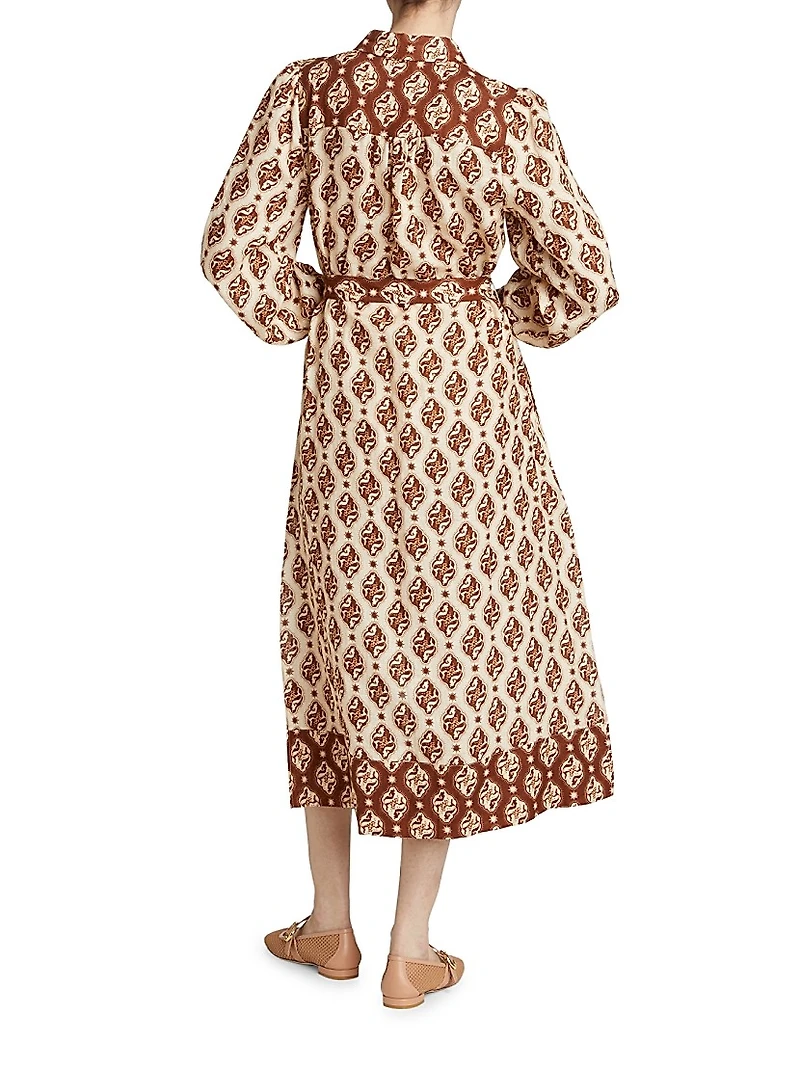 Melody Geometric Linen Belted Midi-Dress