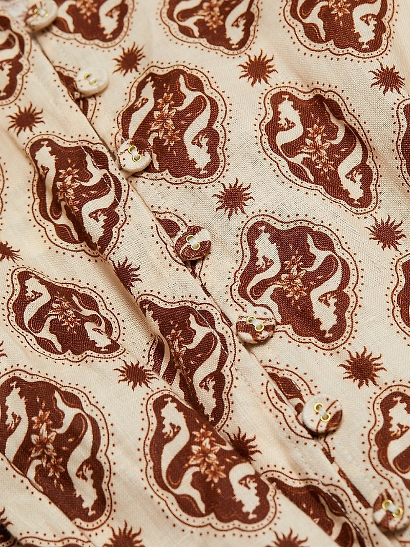 Melody Geometric Linen Belted Midi-Dress