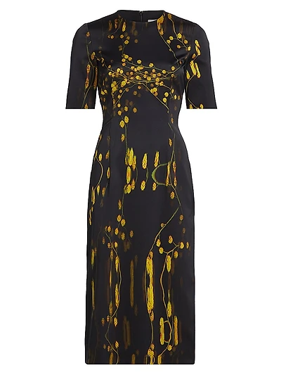 Abstract Floral Short-Sleeve Sheath Midi-Dress