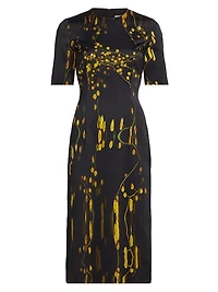 Abstract Floral Short-Sleeve Sheath Midi-Dress