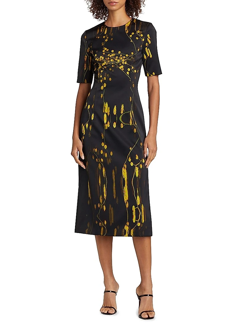 Abstract Floral Short-Sleeve Sheath Midi-Dress