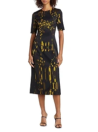 Abstract Floral Short-Sleeve Sheath Midi-Dress