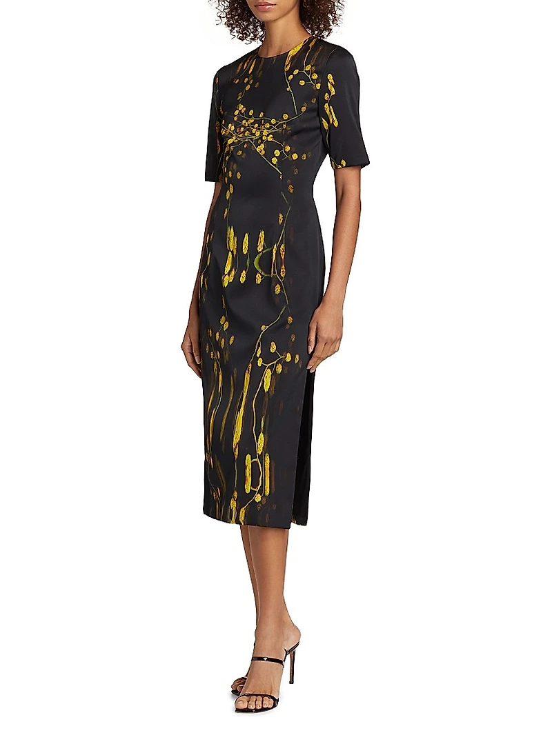 Abstract Floral Short-Sleeve Sheath Midi-Dress
