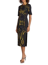 Abstract Floral Short-Sleeve Sheath Midi-Dress