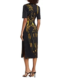 Abstract Floral Short-Sleeve Sheath Midi-Dress