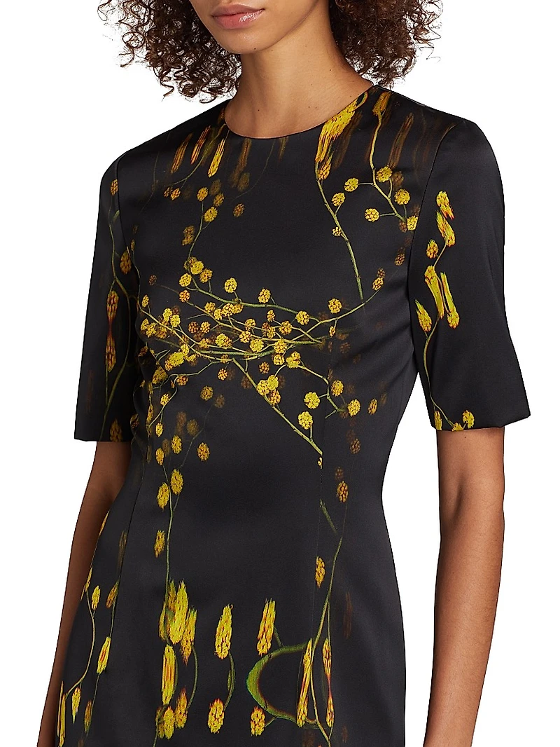 Abstract Floral Short-Sleeve Sheath Midi-Dress