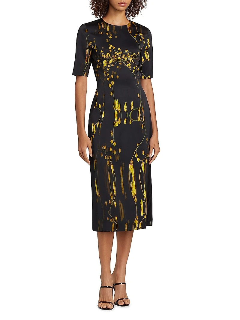 Abstract Floral Short-Sleeve Sheath Midi-Dress