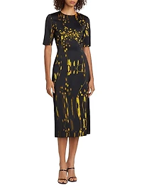 Abstract Floral Short-Sleeve Sheath Midi-Dress