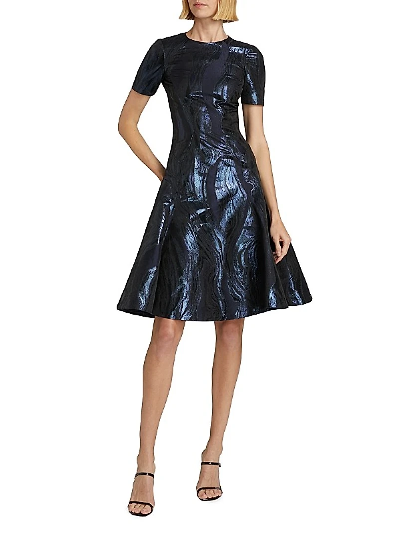 Metallic Short-Sleeve Fit-&-Flare Dress