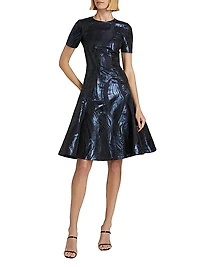 Metallic Short-Sleeve Fit-&-Flare Dress