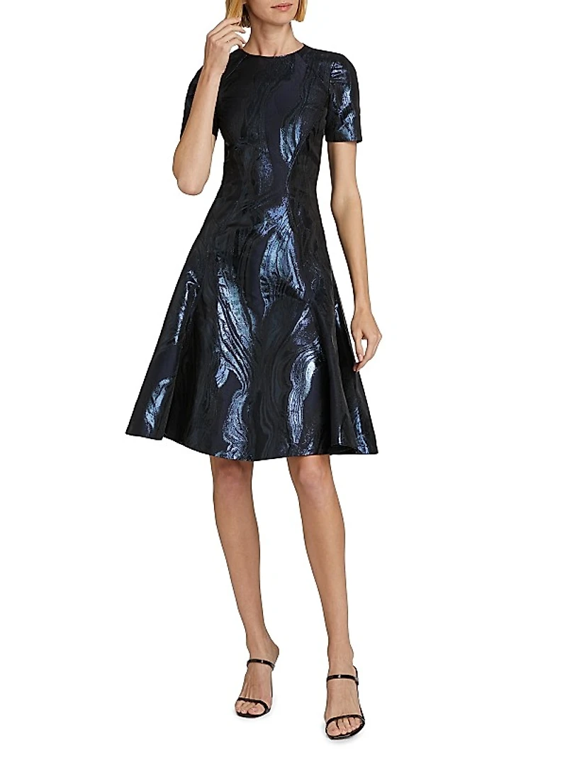 Metallic Short-Sleeve Fit-&-Flare Dress